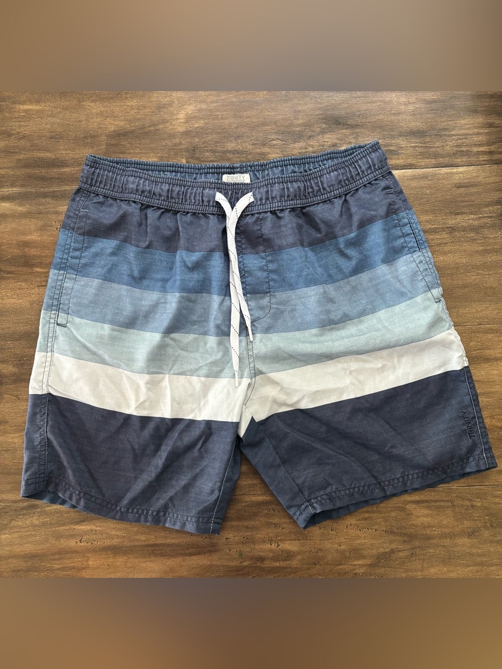 Trinity Men’s Navy and Light Blue Striped Swim Trunks